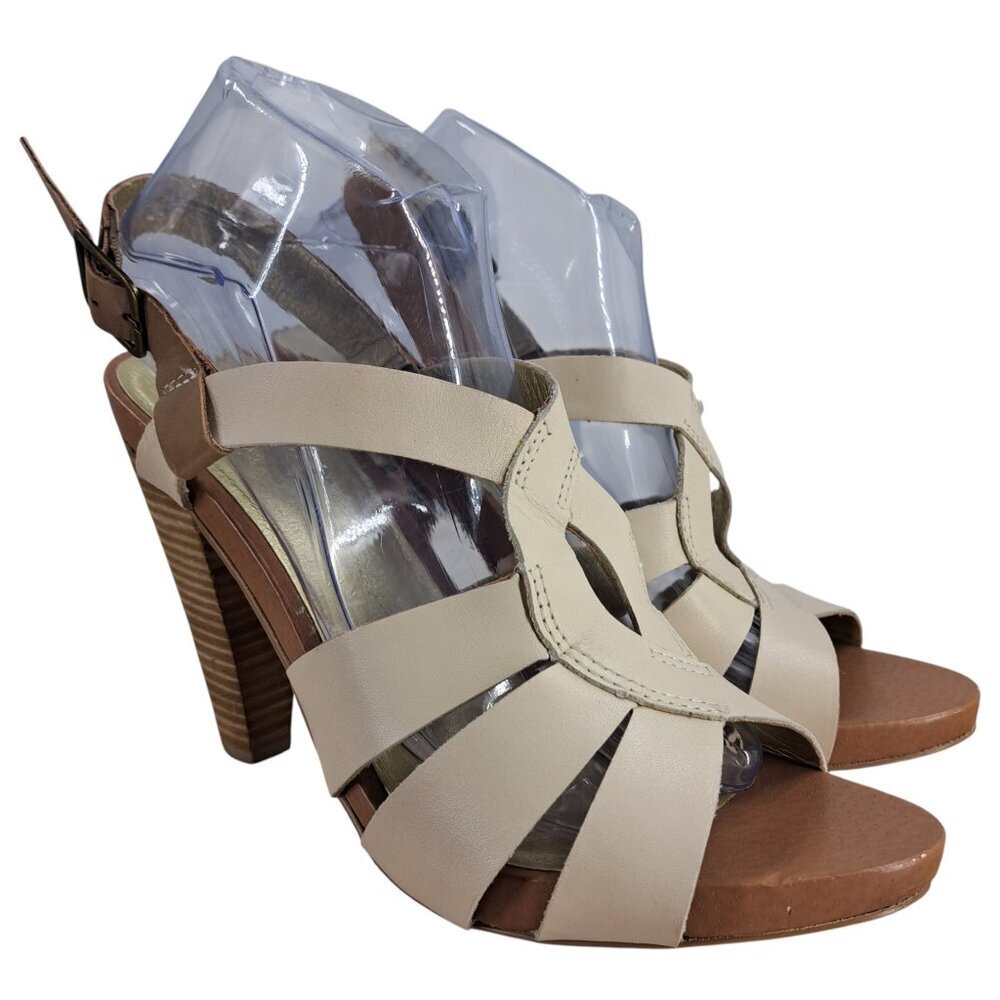 Seychelles Squeak Beige Leather Strappy Heel Open Toe Sandals Size 10 Platform